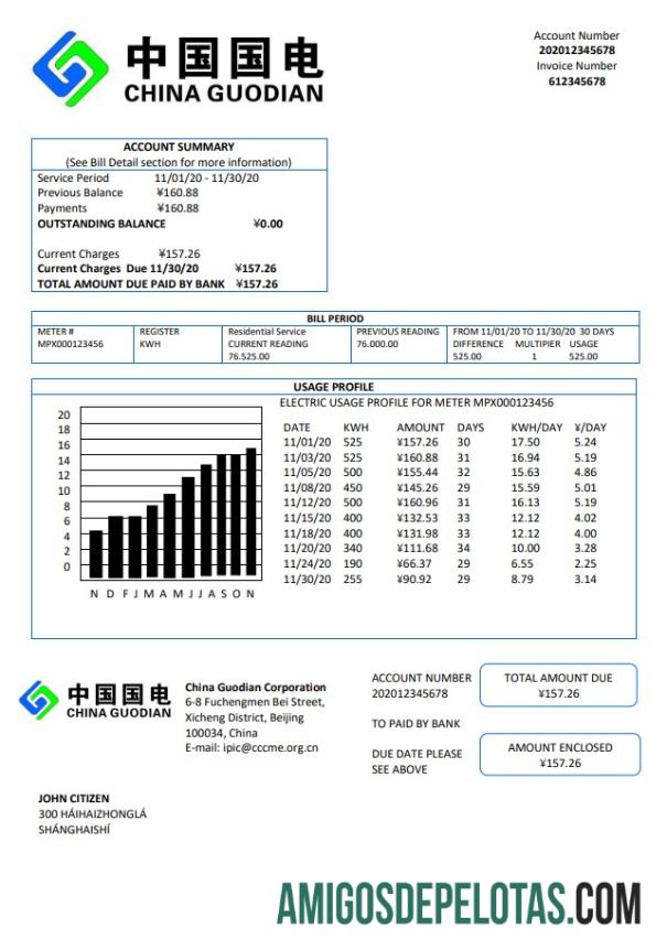 Conta de serviços públicos de eletricidade da China Guodian Corporation baixar para verificação